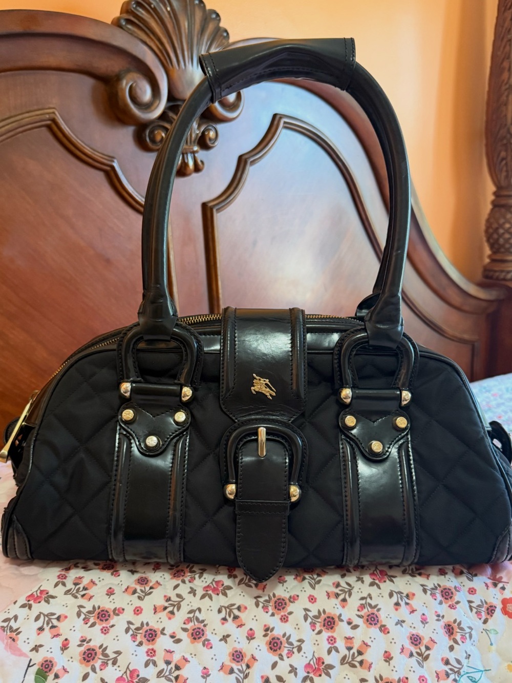 🐎 BURBERRY 🐎 BLACK QUILTED NYLON AND PATENT LEATHER MANOR SATCHEL AUTHENTIC